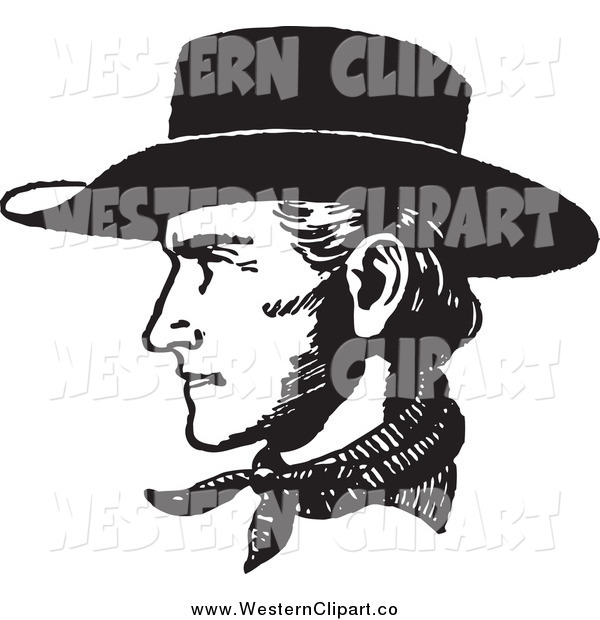 Vector Clip Art of a Black and White Cowboy Face in Profile by.