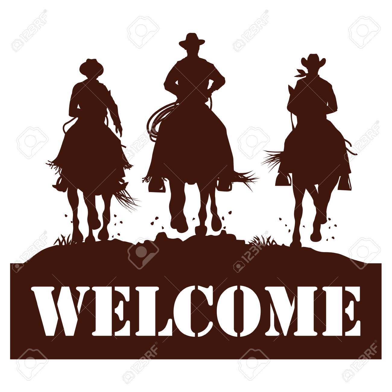 Welcome sign, Silhouette of cowboys riding horses, Vector.