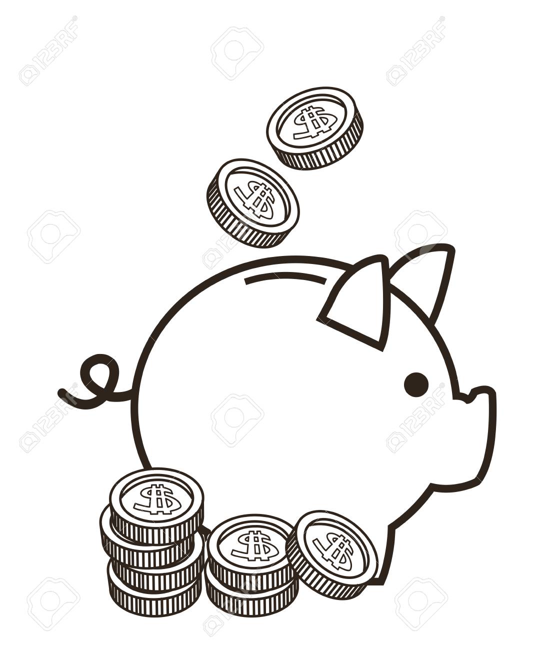 piggy coin money financial sketch icon. Black white isolated...