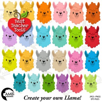 Llama Heads in 24 colors Clip Art, Animal Faces and Props, DIY Llama,  AMB.