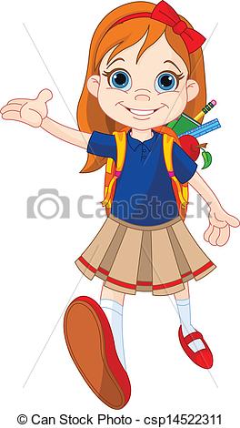 Vector Clip Art of Girl go to school.