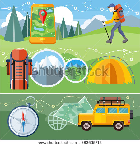 Man Traveler Backpack Hiking Equipment Walking Stock Vector.