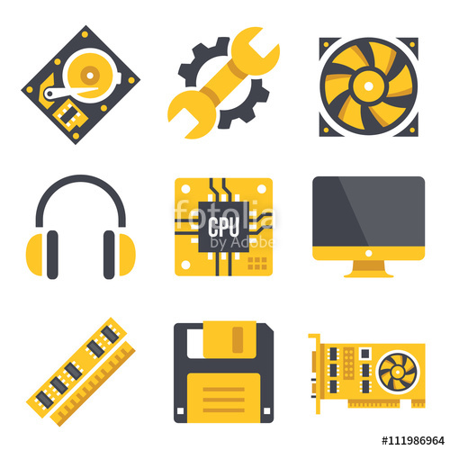 Vector computer hardware icons set. Black and yellow colors.