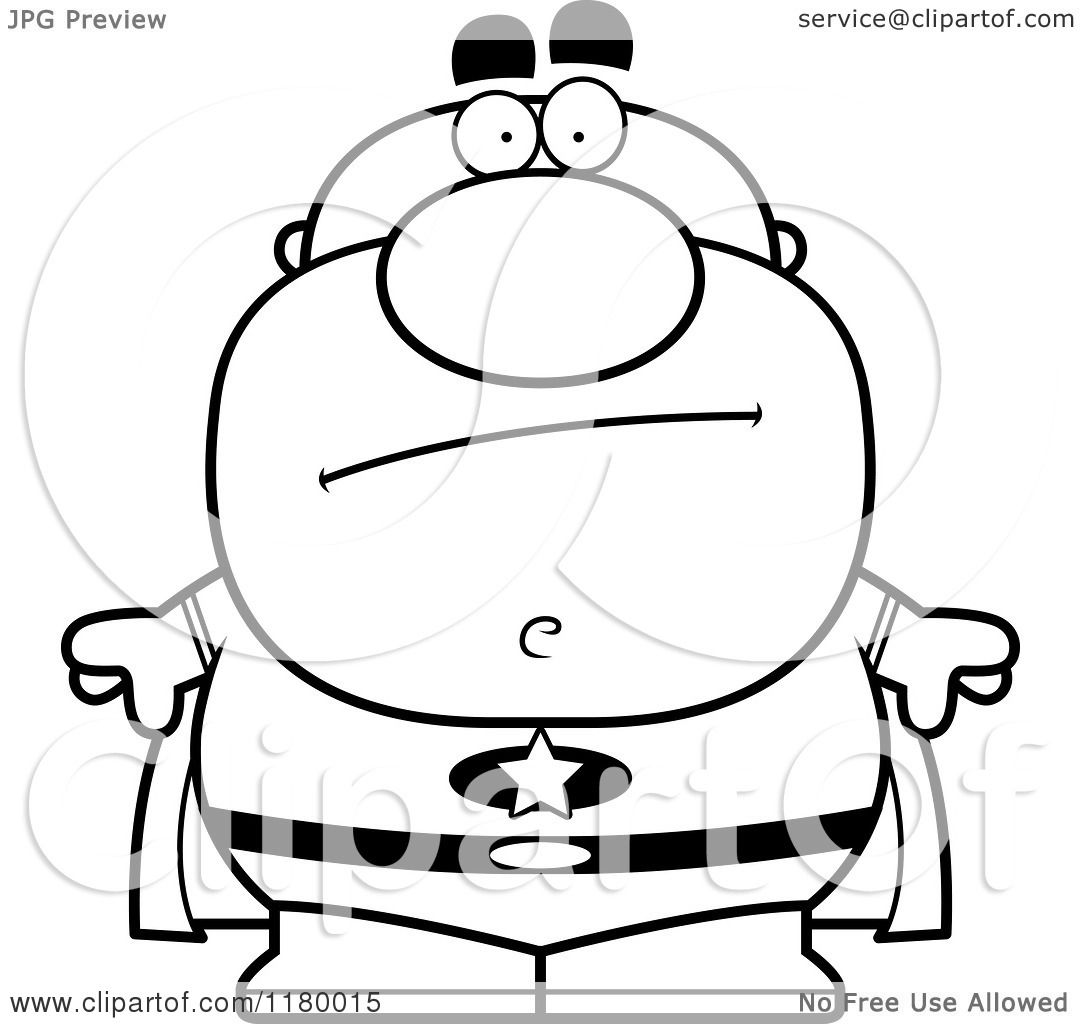 Cartoon of a Black and White Concerned Chubby Super Man.