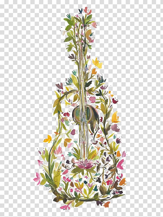 Yellow and pink petaled flower illustration, Guitar Modern.