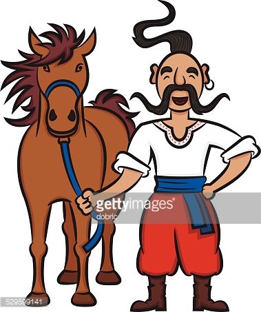 Happy Ukrainian Cossack With A Brown Horse Clipart Image.