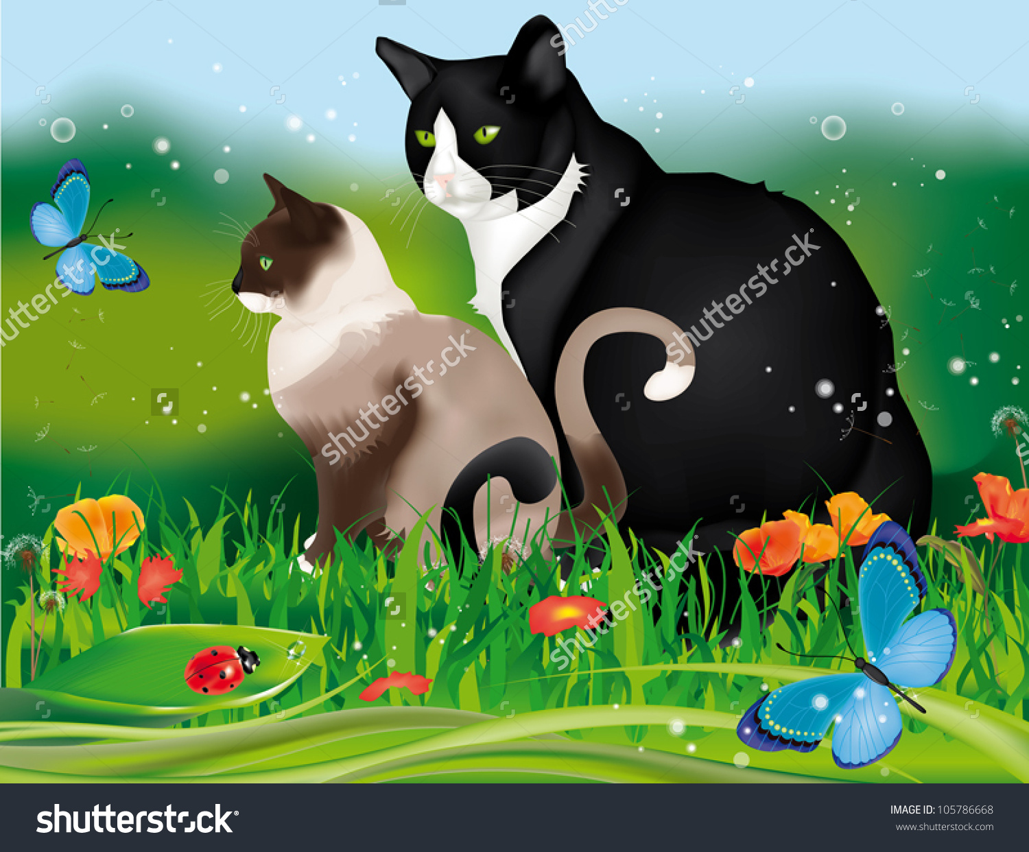 Lovely Two Cats In The Garden Among Grass, Flowers, Ladybug And.