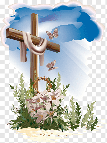 Gray cross and lily flower illustration, Easter Catholic.