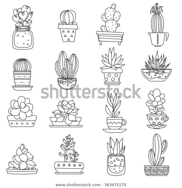 Cactus Line Black White Icons Set Stock Vector (Royalty Free) 363975170.