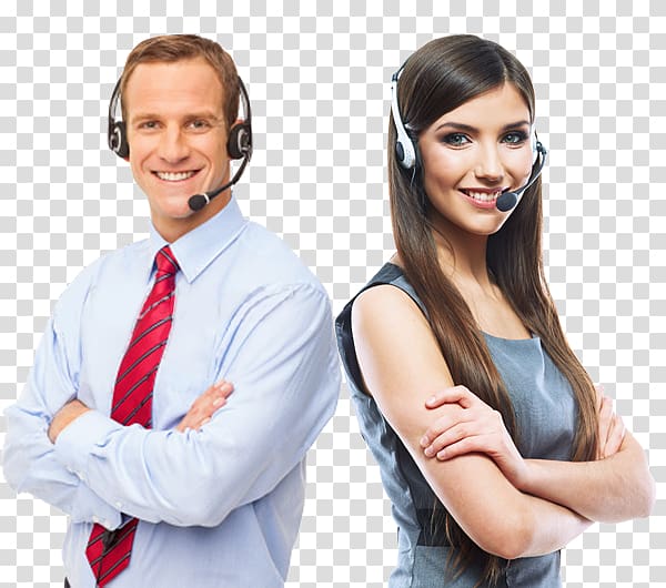 Man and woman wearing business attire and headsets.