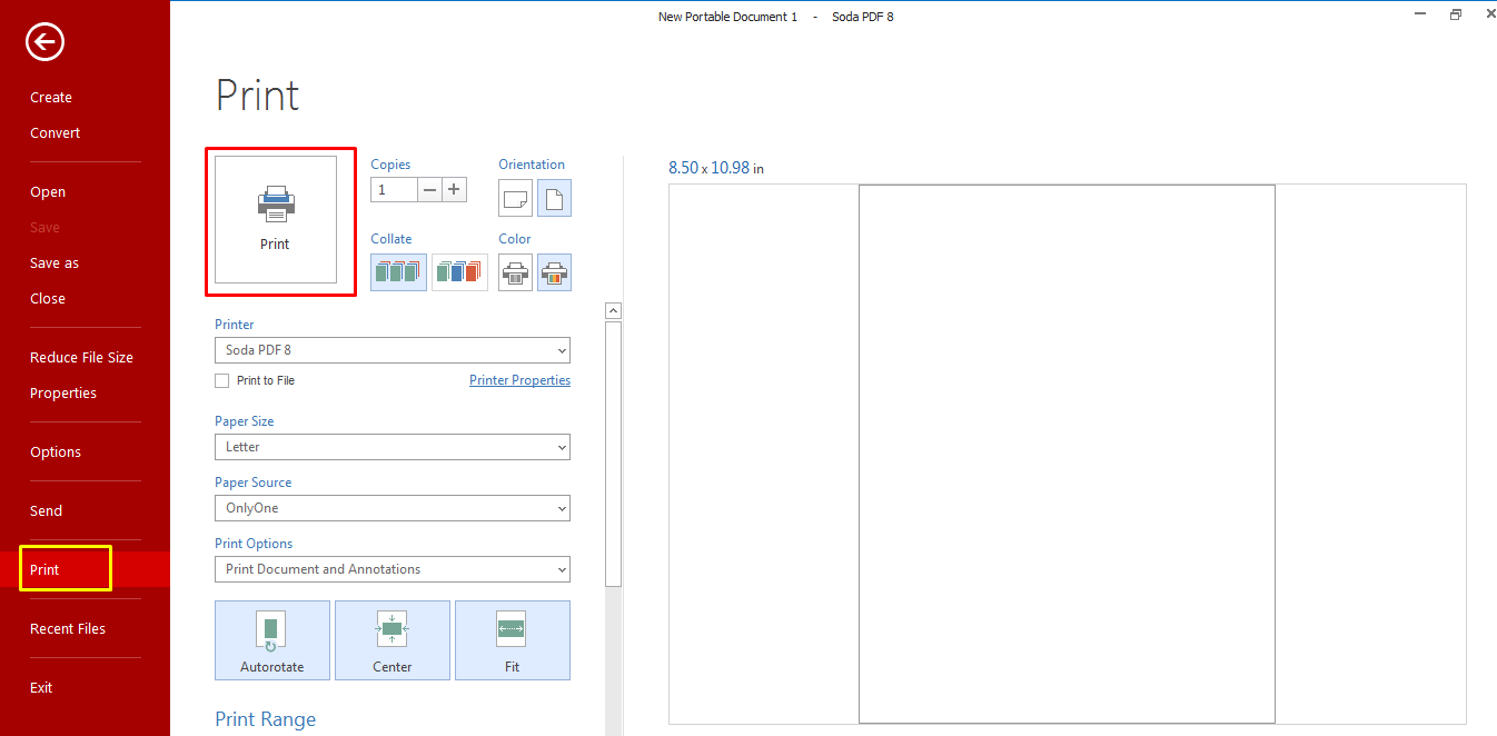 How to print a file in Soda PDF.