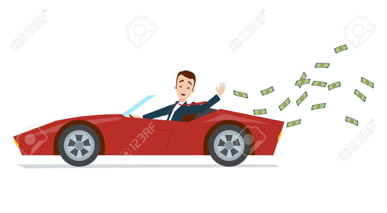 Businessman driving a red sports car and throwing money away.