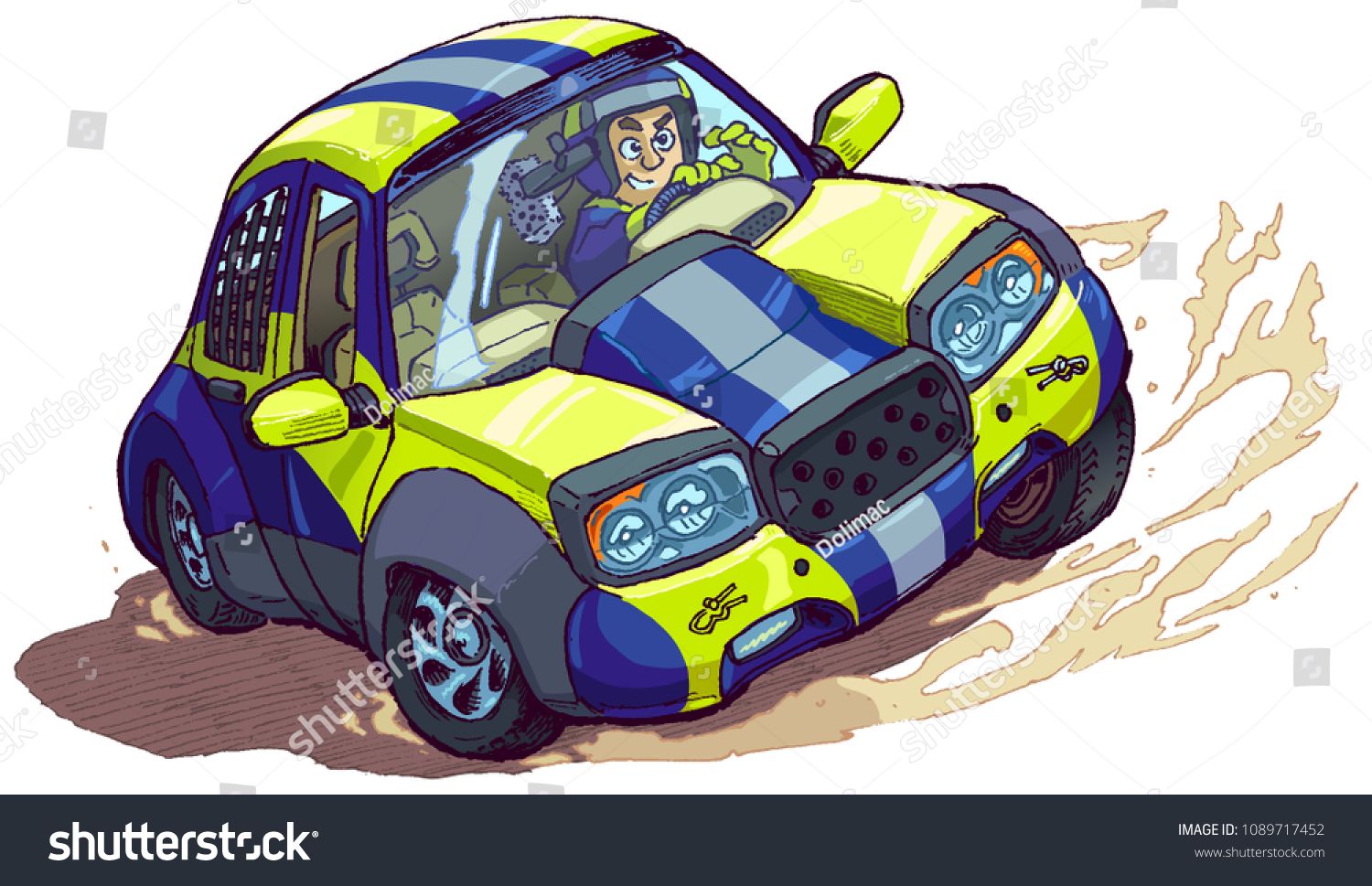 Vector cartoon clip art illustration of a rally car with.