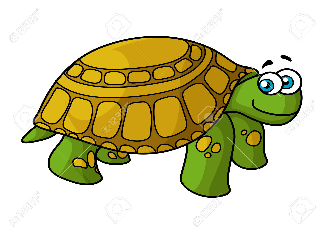 Cartoon Smiling Green Turtle Character With Yellow Spotted Hard.