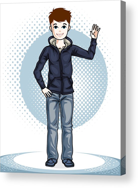 Little Boy Standing Wearing Fashionable Casual Clothes. Vector Beautiful  Human Illustration. Fashion Theme Clipart. Acrylic Print.