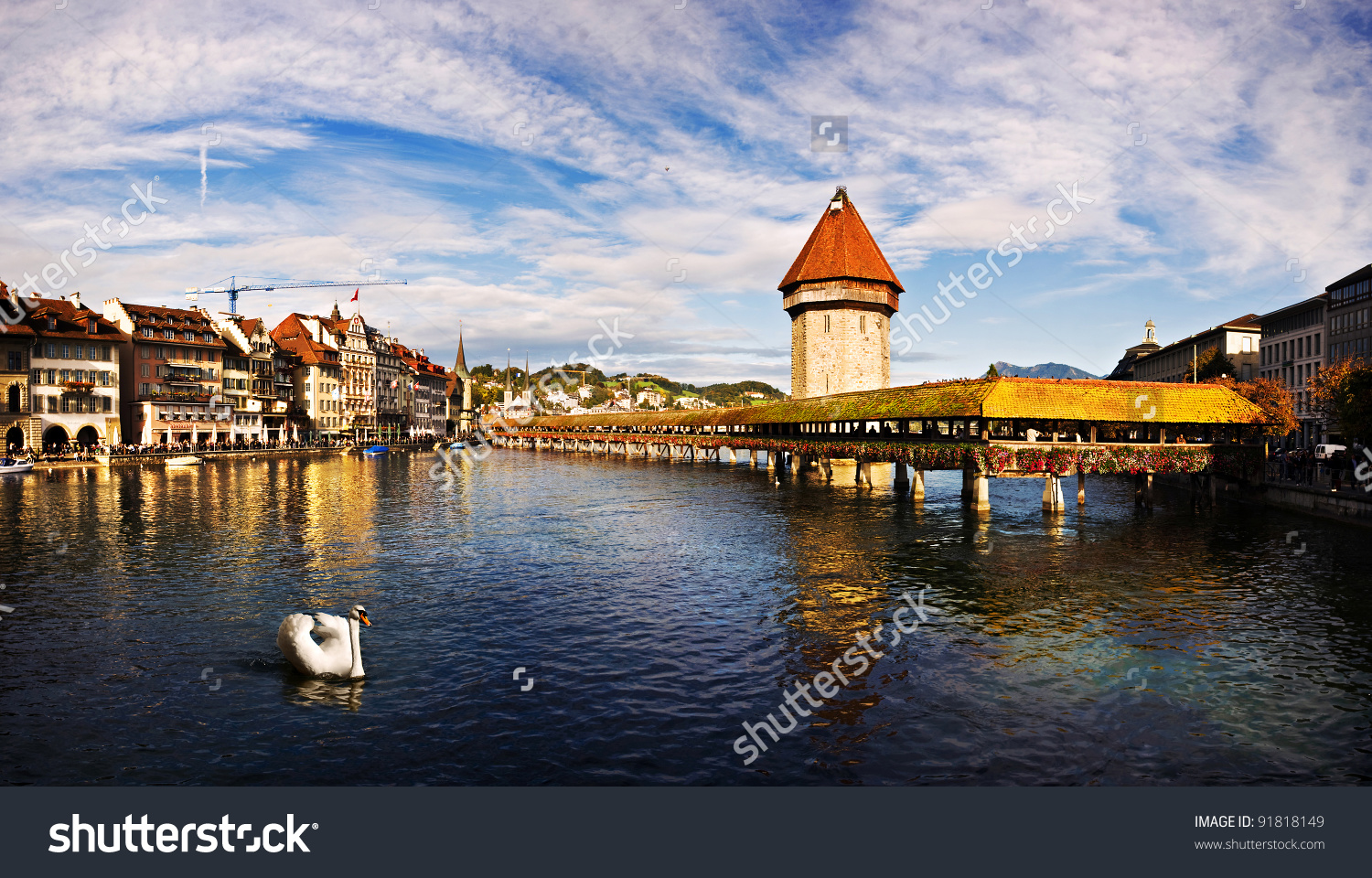 Panoramic View Of Chapel Bridge, Famous Covered Wooden Bridge, And.