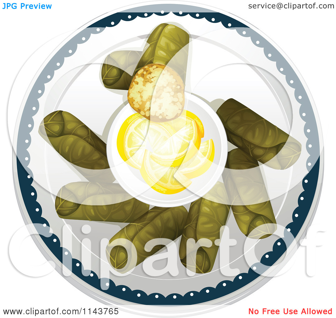 Cartoon Of Grape Or Cabbage Leaf Dolmas Served With Lemons.