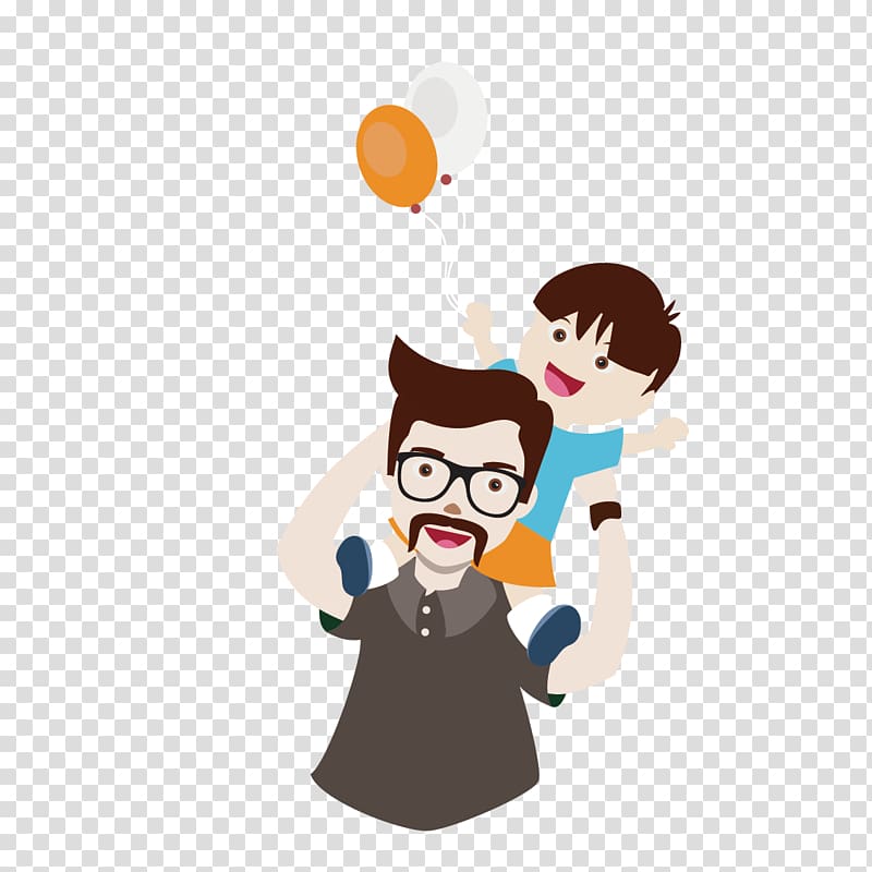 Man carrying boy on back holding balloons illustration.