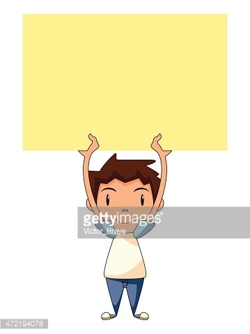 Child holding blank sign, empty yellow note Clipart Image.