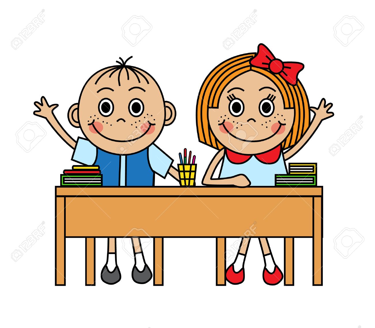 Cartoon children sitting at school desk and pull hand to answer.