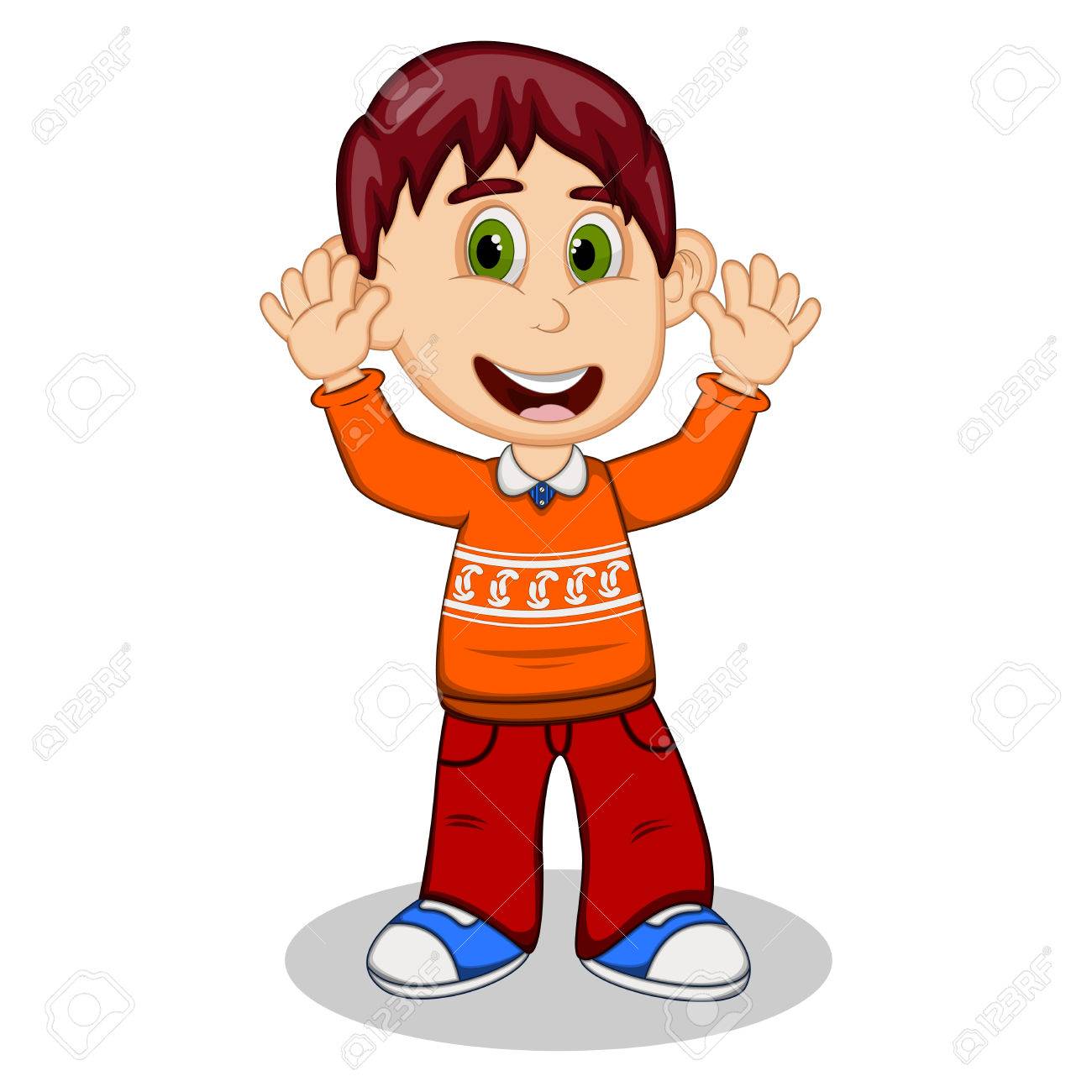 Children waving his hands wearing orange long sleeve sweater...