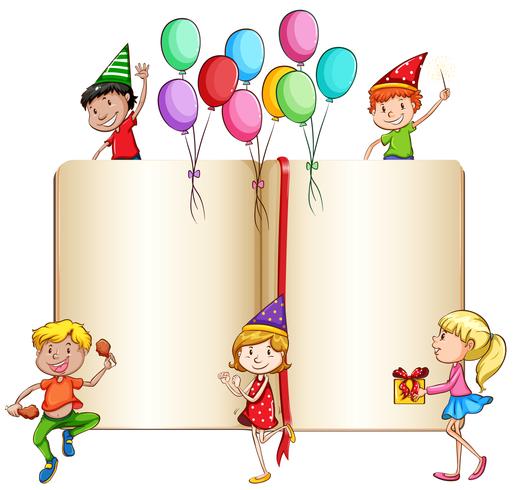 Children celebrating and a book.