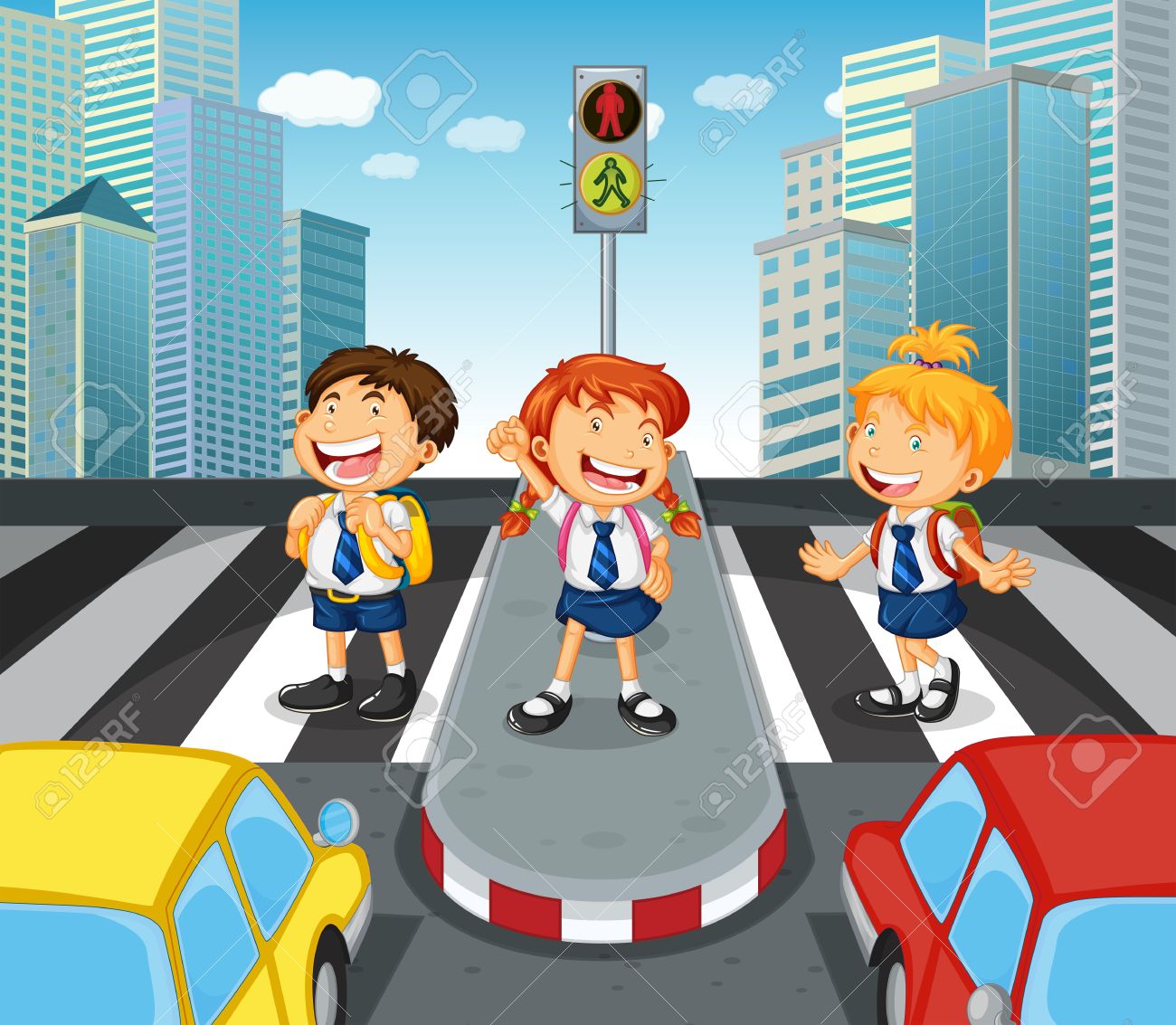 Children crossing the road on zebra crossing illustration.