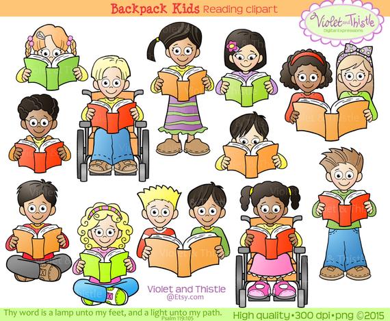 Kids Reading Clipart + Line Art Bundle Kids ClipArt Children Reading Books  School Clip art Set School Kids Clipart Teacher Clipart.