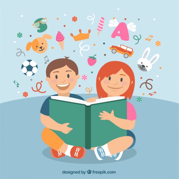 Happy children reading a book Vector.