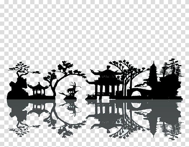 Tree and building drawing illustration, China Silhouette.