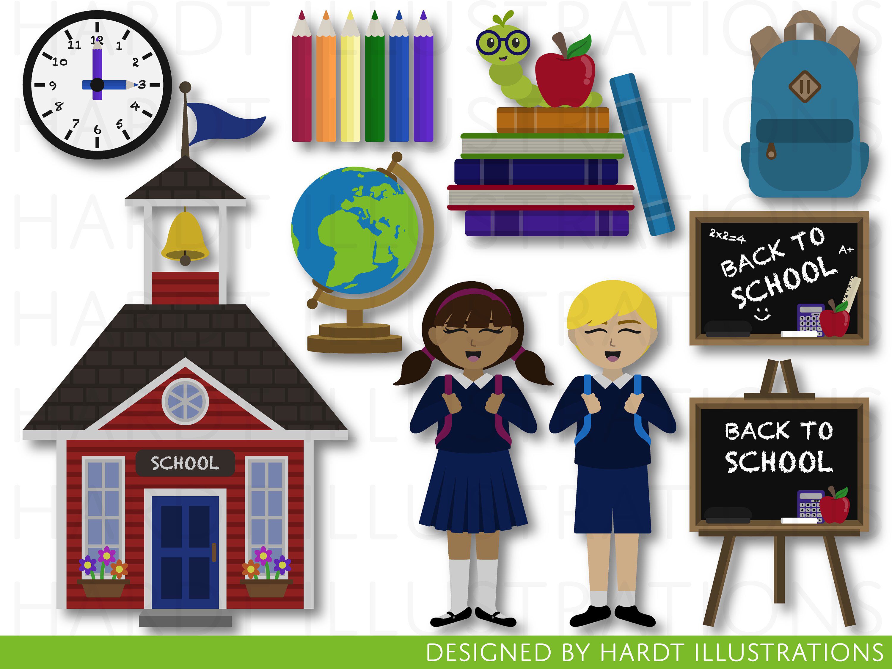 Back to School Clipart, School Supplies Clipart, School House.