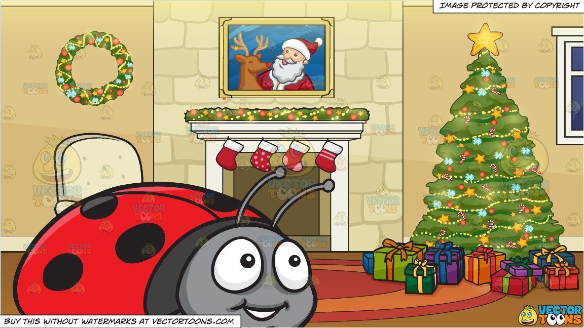 A Smiling Ladybug and A Fireplace Beside A Christmas Tree Background.