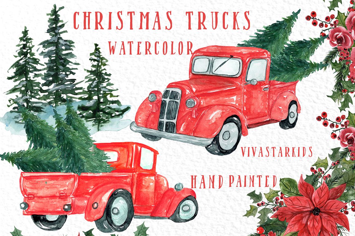 Christmas Truck clipart, CHRISTMS TREES,Watercolor Christmas.