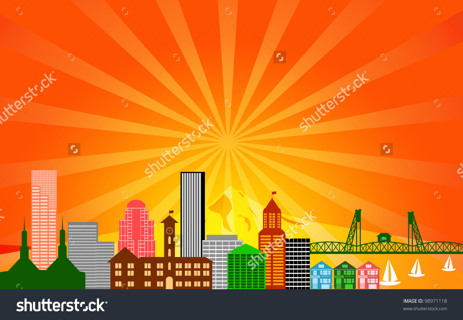 Portland City Oregon Skyline Panorama Color Stock Illustration.