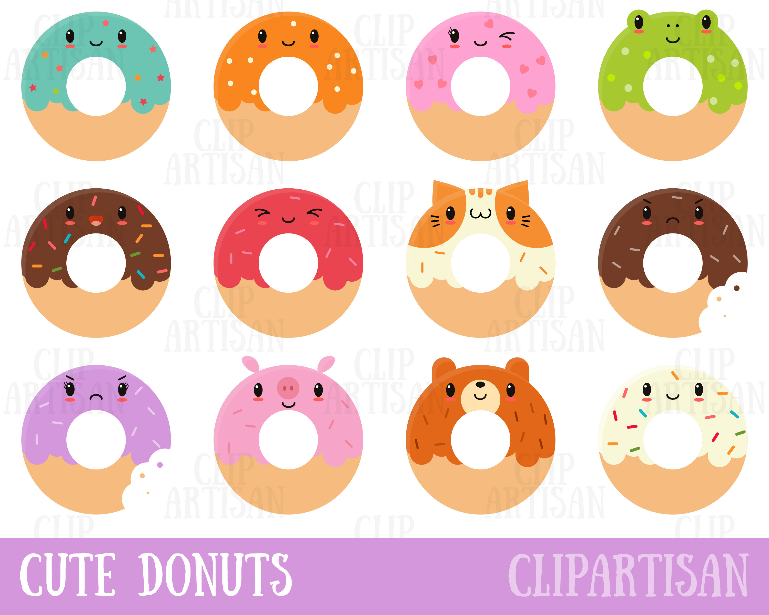 Kawaii Donuts Clipart / Cute Donut Clipart / Doughnuts Clip Art.