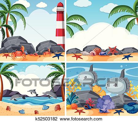 Four ocean scenes with animals and beach Clipart.