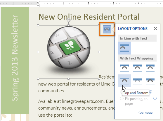 Word 2013: Pictures and Text Wrapping.