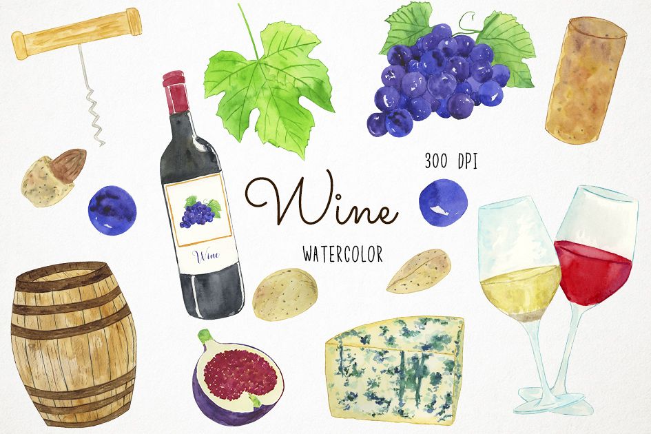 Watercolor Wine Clipart, Wine Clip Art, Wine Bottle Clipart.