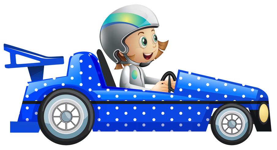 Little girl in polka dot racing car.