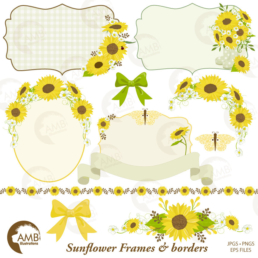 Sunflower frames clipart, Wedding frames clipart, shabby chic, sunflowers,  AMB.