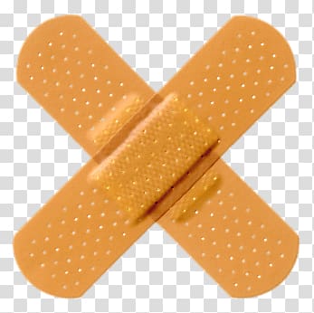 Two brown adhesive bandages, Crossed Band Aids transparent.