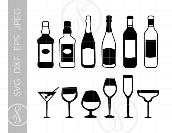 Liquor Bottles and Glasses Svg Cut File Bar Clipart Downloads.