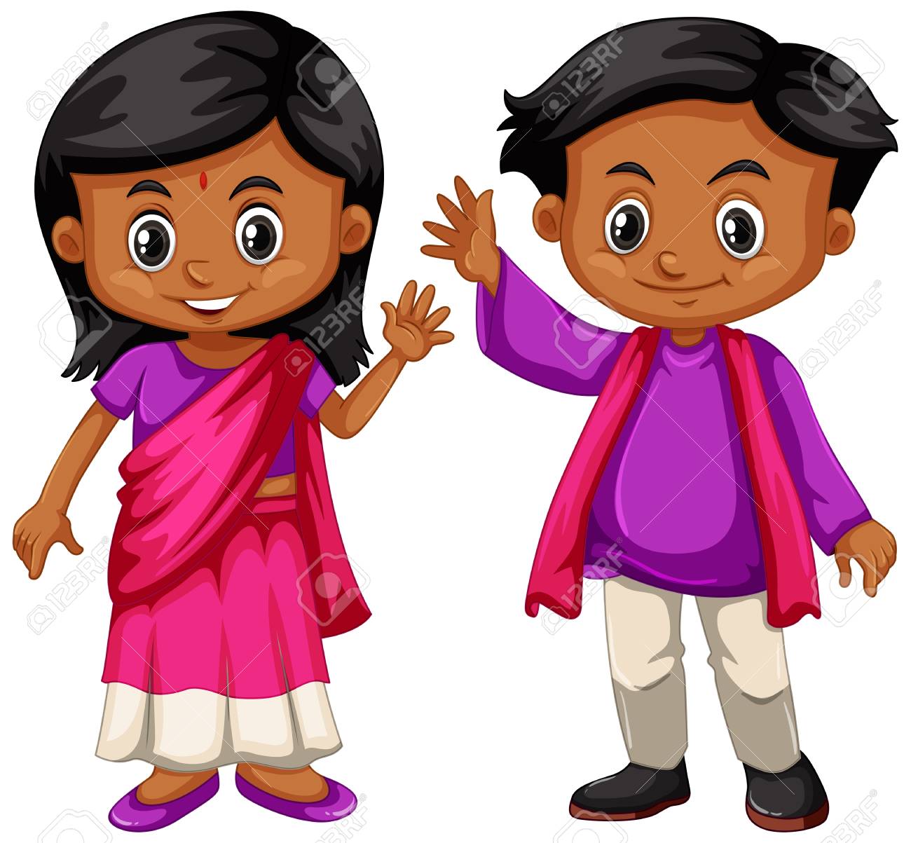 Indian boy and girl smiling illustration.