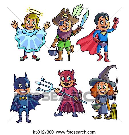 Cheerful children in creative halloween costumes illustrations set Clipart.