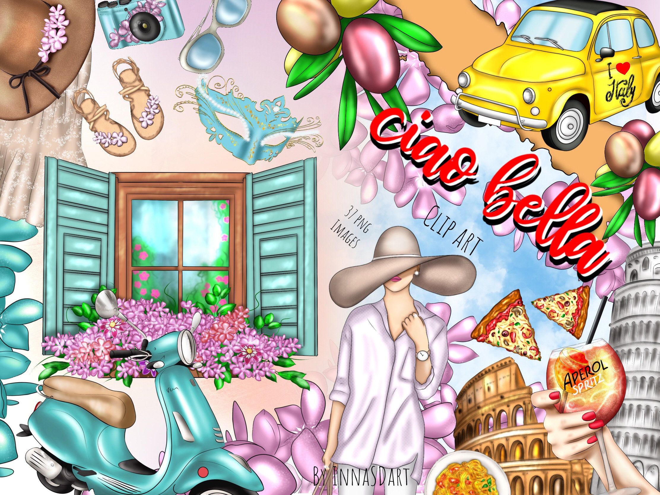 Ciao Bella clipart, Italy clipart, Rome, Planner clipart, Travel.