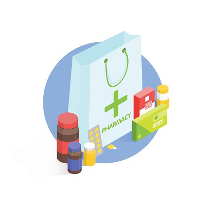 Modern pharmacy and drugstore concept. Isometric Vector.