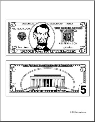 Clip Art: Five Dollar Bill Outline (coloring page) I.