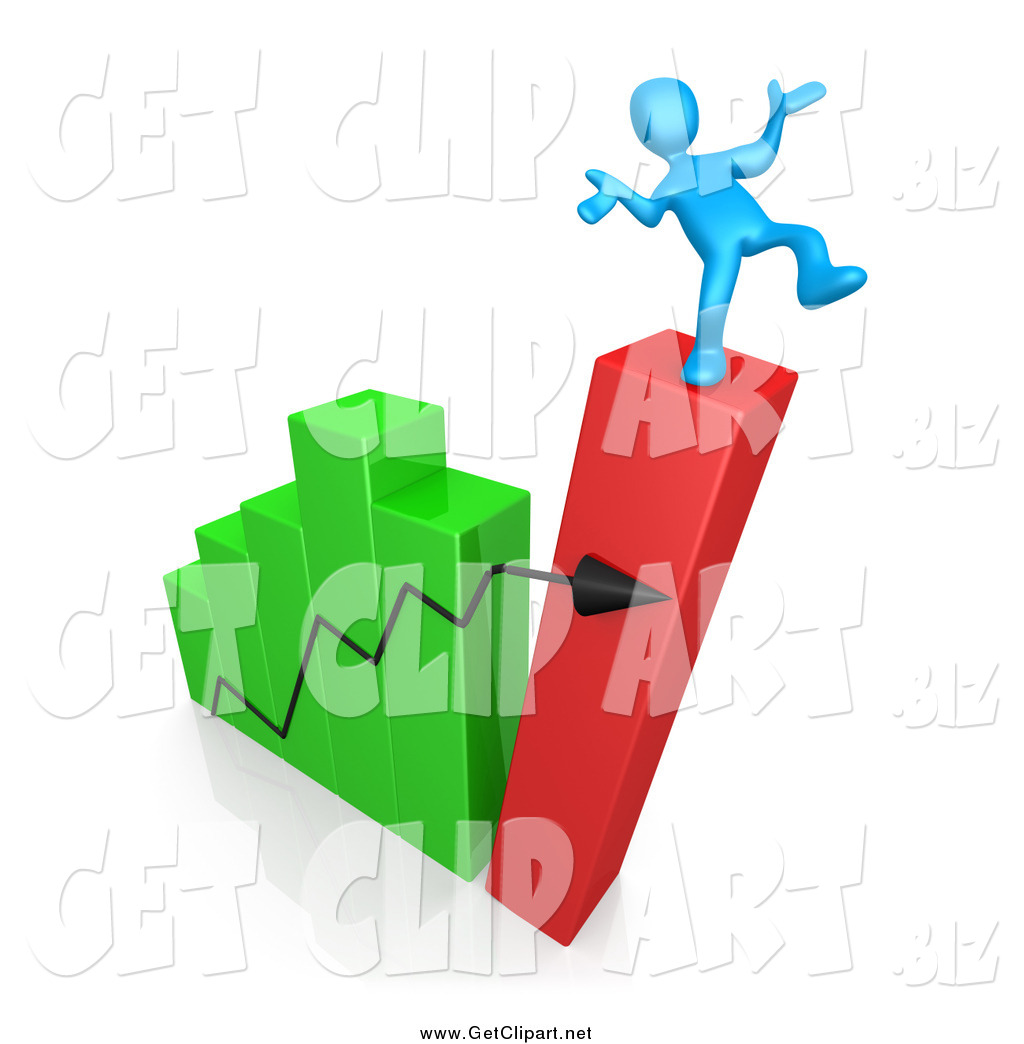 Clip Art of a 3d Collapsing Bar Graph Chart and Man.