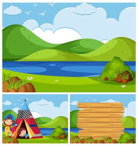 Three nature scenes with kids camping.