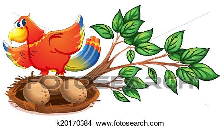 A colourful bird at the branch of a tree with a nest Clipart.